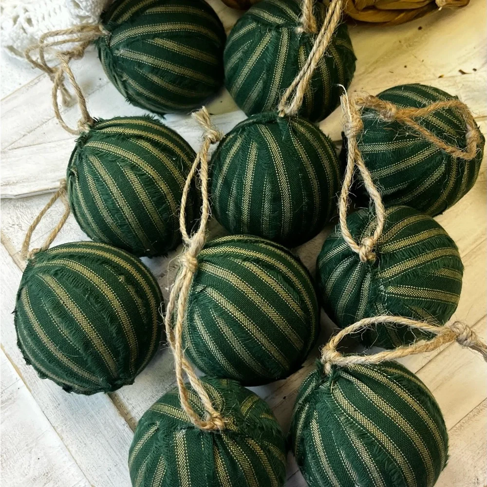 10 Primitive green stripe Fabric RAG BALLS Christmas Ornaments farmhouse decor
